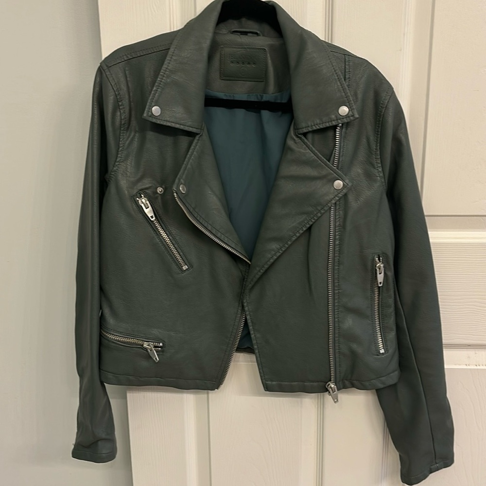 Vegan Blank NYC faux leather green “As You Said” moto jacket, zippers, L NWOT
